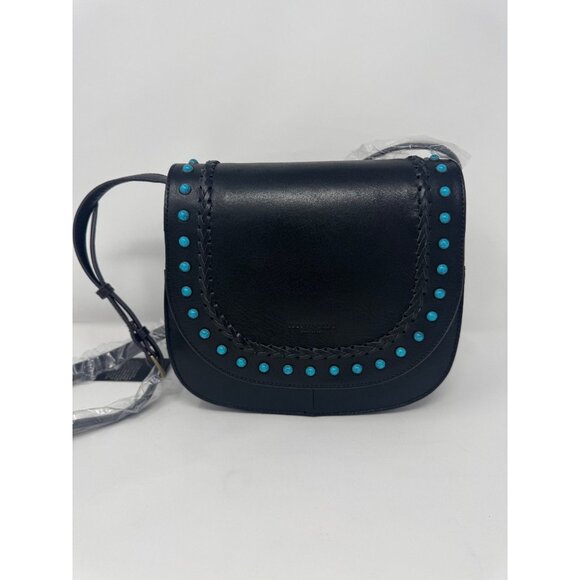 Tignanelle Crossbody Black Leather Saddle bag with Turquoise accence - Picture 1 of 14